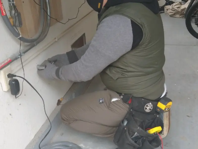 Electrician performing outlet wiring in a West Plains garage